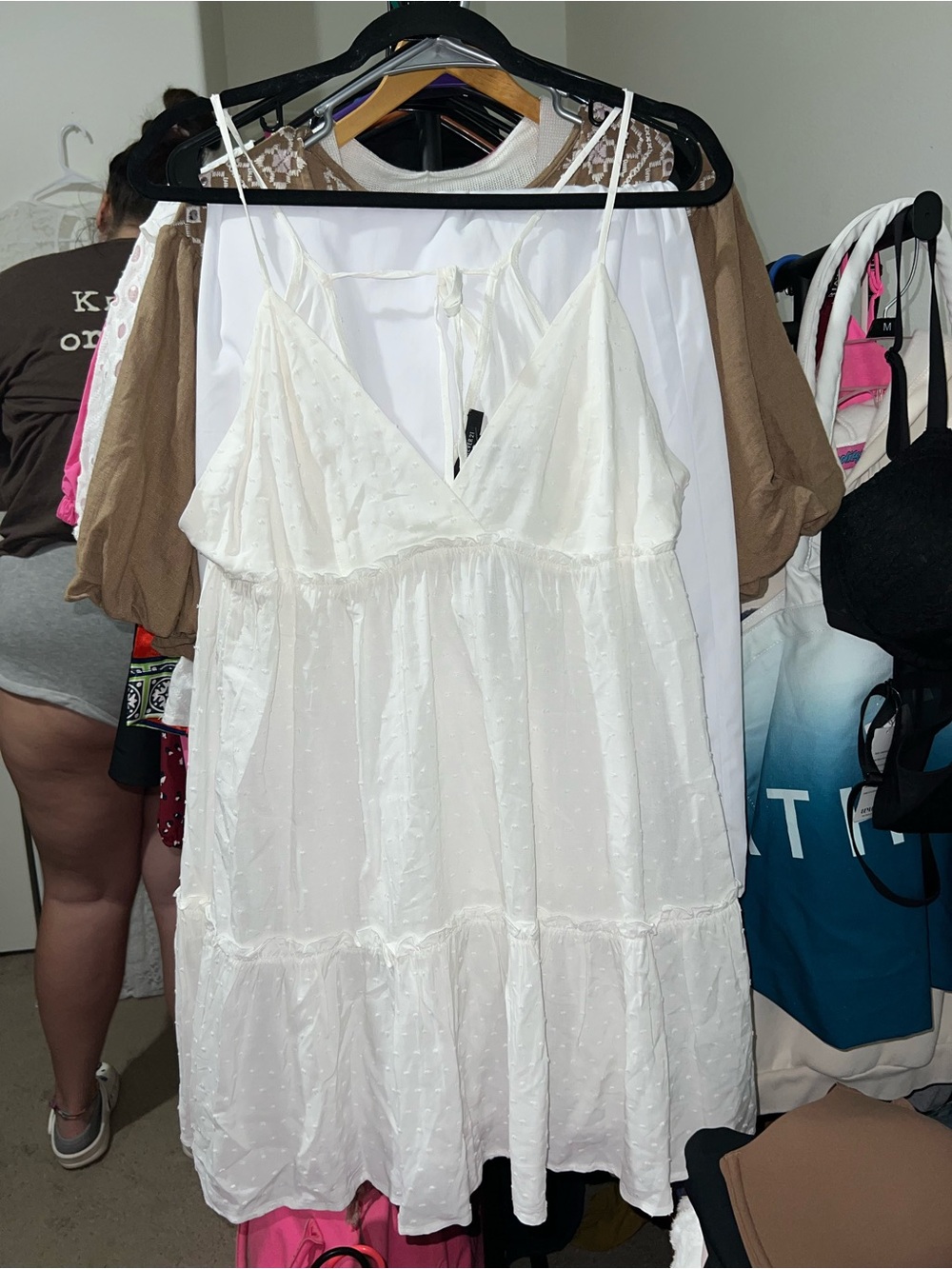 Forever 21 White Swiss Dot Spaghetti Strap Tiered Baby Doll Dress